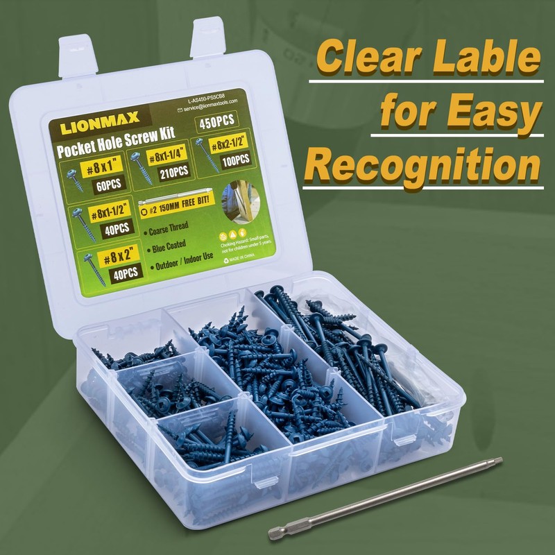 LIONMAX Pocket Hole Screws Assortment Kit, 450 PCS in 5