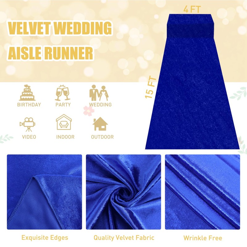 FUHSY Royal Blue Velvet Aisle Runner - 4x15FT Luxury Wedding