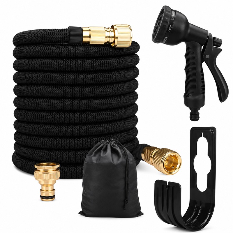 Expandable Garden Hose Kit with 8-Pattern Spray Gun, Metal Connectors,