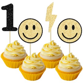 Ephlyn 24Pcs One Happy Dude Cupcake Toppers Smile Face Cupcake Topper Decorations One Happy Dude Birthday Decorations for Kids 1st Birthday Decorations