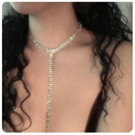 Yheakne Boho Rhinestone Crystal Y Necklace Tennis Chain Y Lariat Necklace Long Gold CZ Drop Chain Necklace Sparkle Party Nightclub Necklace Chain Jewelry for Women (Gold)