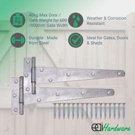 EAI Galvanised Gate Tee Hinges - 300mm / 12 Inch Extra Heavy Duty T Hinges for Wooden Gates, Doors & Sheds - 2 Pack