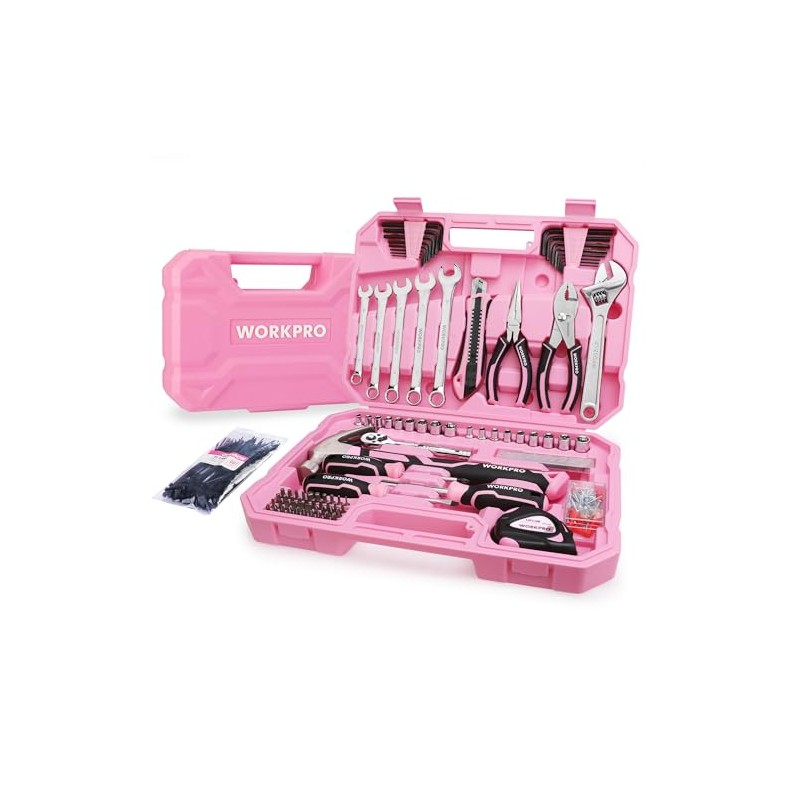 WORKPRO 284PCS Pink Tool Set, Portable Home Basic Tool Kit