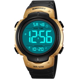 Men's Simple Outdoor Sports Digital Gold Watch Easy to Read Big Dial Shockproof Luminous Swim Waterproof Rubber Band Alarm Stopwatch Chronograph Watches (Gold)