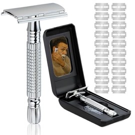 Rastrillos para Afeitar Hombre Clasico, Rastrillo para Navaja de Doble Filo Acero Noxidable con 21 Cuchillas y Caja con Espejo, Rastrillo de Seguridad, Preciso y Limpio