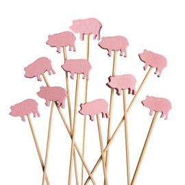 BambooMN 5.9" Pink Pig Fancy Cocktail Appetizers Bamboo Toothpick Picks Stirrer Sticks for Fruit Party, Charcuterie Accessories and Drinks, 100 Pieces