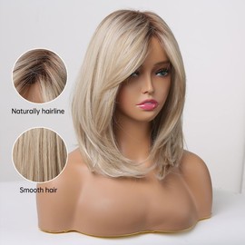 ORAVISTA Ombre Brown to Blonde Synthetic Wig for Women with Bangs, Natural Looking Heat Resistant Hair Replacement for Daily Use (Blonde,14 inch)
