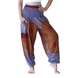 Full Funk Rayon Harem Smock Waist Pants Pocket Straight Foral Circle Print Dk Brown sz S