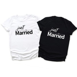 Just Married Matching T-Shirts for Couples, Couple Shirts for Husband and Wife, Honeymoon Tops,Men's Shirt Black