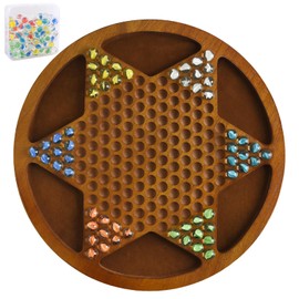15.3-Inch Wooden Chinese Checkers Set - Round Design with 60 Glass Marbles in 6 Colors + 12 Bonus Marbles - Perfect for Kids and Adults