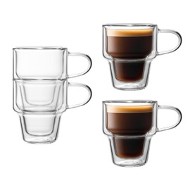 NIRA.Z 4 Pack Double Wall Glass Coffee Mugs 12 OZ Insulated Espresso Cups with Handle, Stackable Thermal Glass Coffee Cups, Ideal for Hot & Cold Drinks, Juice, Americano, Latte, Tea Bags, Cappuccinos
