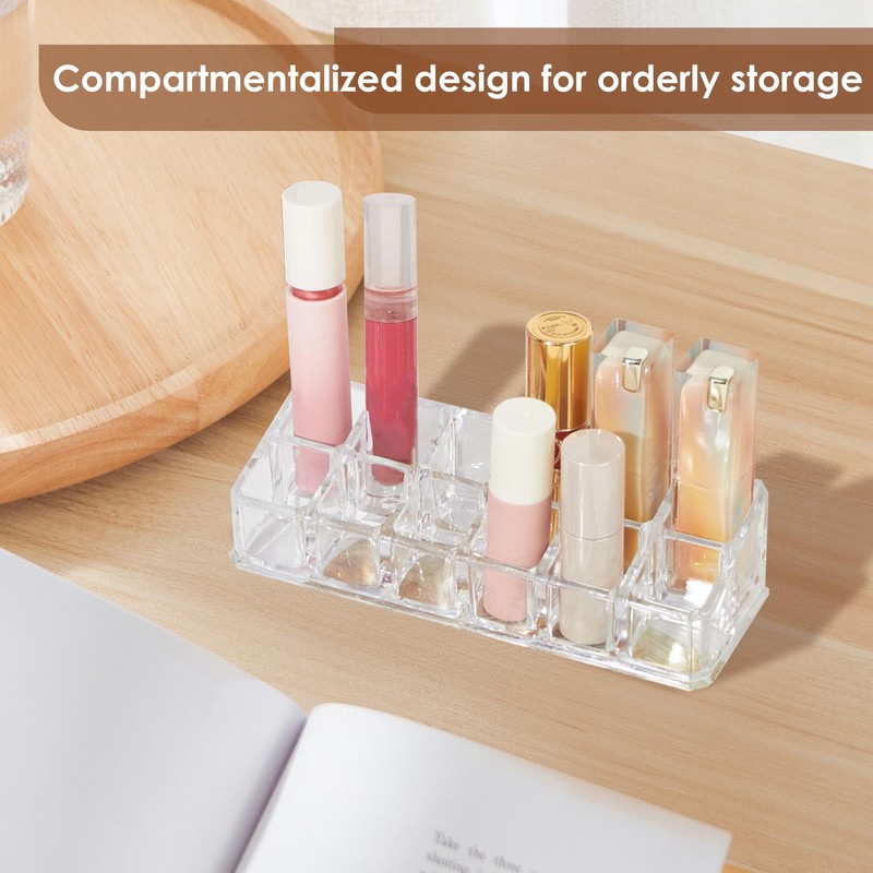 EKIND 12スロット口紅ホルダー、リップグロスディスプレイラック、ネイルポリッシュ透明オーガナイザー、化粧品マネージャー、ドレッシングテーブル用透明メイク収納ボックス