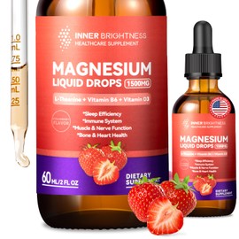 Magnesium Glycinate Liquid Drops 1500mg with Magnesium Citrate & Taurate, L-Theaine, Vitamin D3, B6, Supports Calm, Sleep, Muscle Relaxation, Leg Cramps & Energy, Strawberry Flavor, 60 mL