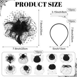Youdaju 10 Sets Fascinator Hats Flower Mesh Feathers Headwear Black Funeral Veil Hats Hair Clips with 10 Pcs Hairbands for Girls and Women Tea Party Wedding Cocktail Formal Events Supplies