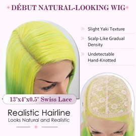 DÉBUT Ombre Lemon Green Asymmetrical Side Part Long Bob Wig Synthetic Lace Front 13x4x0.5 Natural Hairline Shoulder Length Wig for Women 12 Inches Neon Green Color