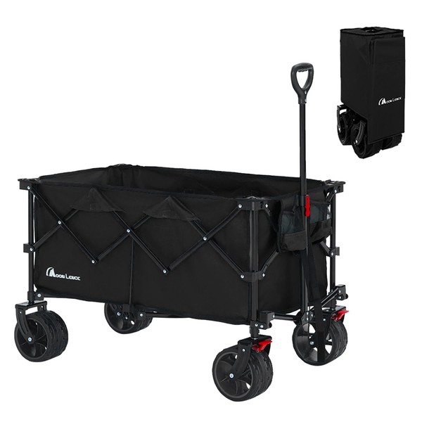 Moon Lence Collapsible Folding Wagon Cart Heavy Duty Folding Garden Portable Hand Cart with All-Terrain Beach Wheels, Adjustable Handle & Drink Holders (Black)