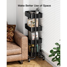 Pipishell 4 Tier Metal Rolling Utility Cart, Heavy-Duty Storage Rolling Cart with 2 Lockable Wheels, Multifunctional Mesh Organization Utility Cart for Kitchen Dining Room Living Room, PIUC13B