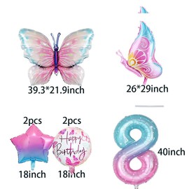 7pcs Butterfly Balloons 8th Birthday Decorations for Gradient Colorful Butterfly Foil Balloons 8 Years Old Theme Birthday Party Supplies Decor