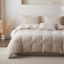 BISELINA 100% Cotton Duvet Cover Set Waffle Weave 3PCS (1 Comforter Cover, 2 Pillow Shams) Reversible Soft Skin-Friendly Breathable Shabby Chic Bedding for All Season - Khaki, King Size