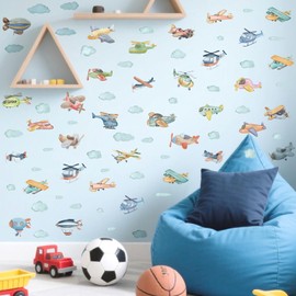 Colorful Airplane Wall Decals Peel and Stick Watercolor Cloud Plane Wall Decals Cartoon Helicopter Jet Cloud Wall Sticker Cute Aircraft Stickers for Boys Bedroom Kids Room Playroom Nursery Decor