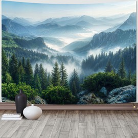 AMM Nature Forest Mountain Tapestry Green Misty Pine Tree Tapestry for Bedroom Aesthetic Foggy Woodlands Sky Landscape Tapestries Wall Hanging for Living Room Dorm 80 x 60 Inch
