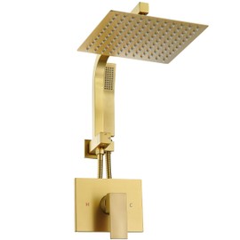 Brushed Gold Shower System with 10Inch Rain Shower Heads with Handheld Spray Combo, Gold Shower Faucet Set with Rain Shower and Handheld, Gold Shower Head and Handle Set(Shower Valve Kit Included)