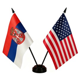 America & Serbia Friendship Twin Desk Flag, US Serbia Table Flags, 8 x 5 Inches American & Serbian Deluxe Desk Flag Set - Miniature USA & Serbia Stick Flag with Flag Stand