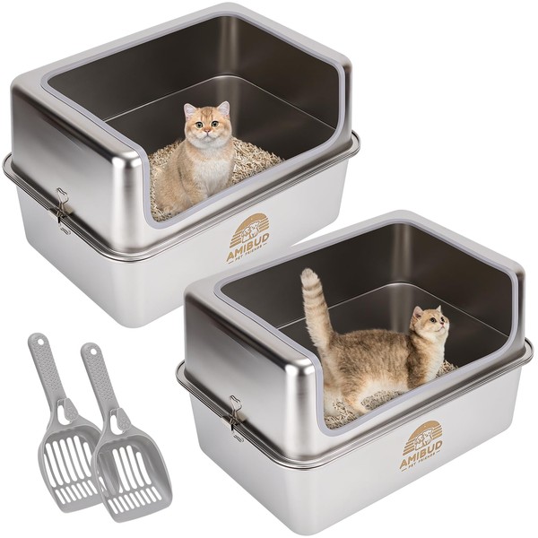 Amibud 2 Pack Stainless Steel Cat Litter Boxes with Metal