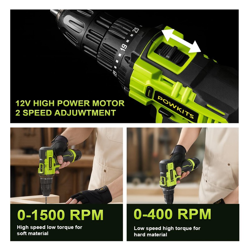 POWKITS Cordless Drill Tool Set: 12V Power Drill Tool Kit