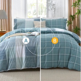 MUXHOMO Duvet Cover Queen Size, 3 Pieces Plaid Duvet Cover Set, Reversible Blue White Bedding Set with Zipper, Soft Brushed Microfiber, 8 Corner Ties, 1 Duvet Cover 90"x90" & 2 Pillowcases 20"x26"