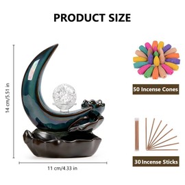 Waterfall Incense Burner, Backflow Incense Burner, Ceramic Incense Holder with 50 Incense Cones Waterfall + 30 Incense Sticks + 1 Tweezers + 1 Mat + 1 Glass Beads (Green)