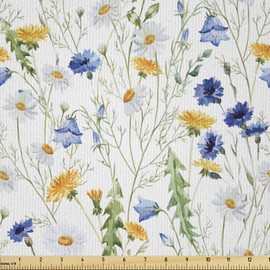 Ambesonne Flower Fabric by The Yard, Wild Flowers Poppies and Daisies Rural Nature Scenery in Meadows Rustic, Microfiber Fabric for Arts and Crafts Textiles & Decor, 3 Yards, Ivory Yellow