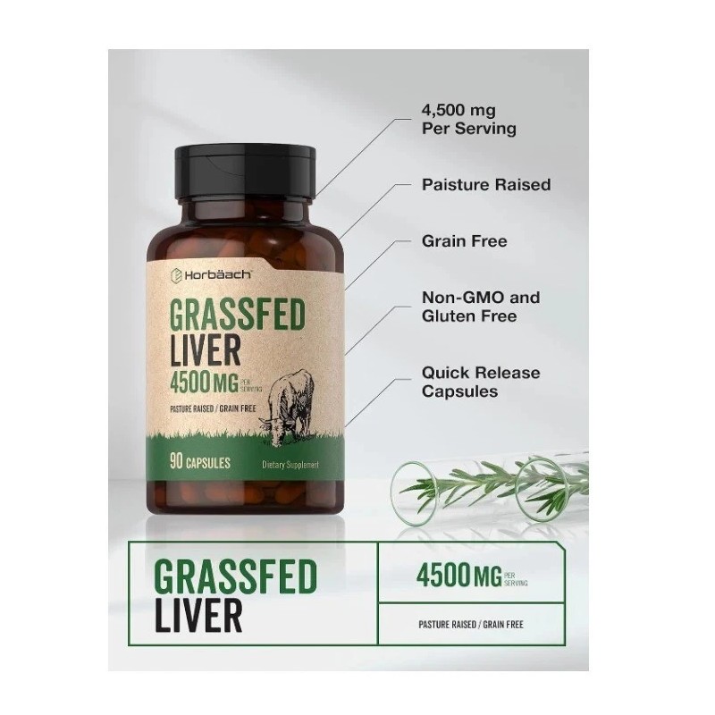 Horbaach Grass Fed Beef Liver Supplement 4500mg, 90 Count Pasture