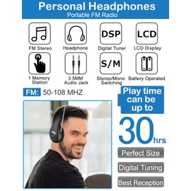 ZHIWHIS FM Portable Radio, Stereo Headset with LCD, Over Ear Foldable, Pocket Conference Receiver, Small Wireless/Wired Headphones Operated by 2 AA Batteries for Walking/Running ZWS-600