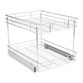 Pull Out Cabinet Organizer, 2 Tier Pull Out Drawers for Kitchen Cabinets, Double Tier Wire Basket Slide Out Shelf for Base Cabinet Organization ​in Kitchen, Bathroom, Silver (16.5" W X 21.5" D)