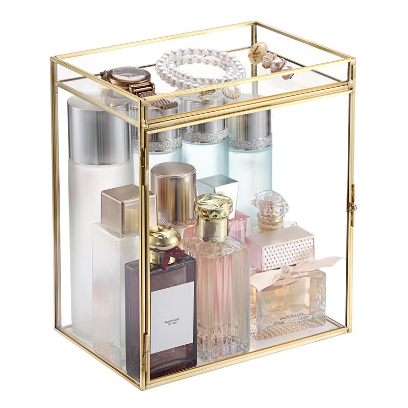 Glass Perfume Organizer Case Gold Cologne Holder with Vanity Tray