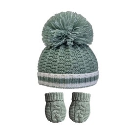 Royal Icon Baby Knitted Pom Pom Hat With Mittens Baby Boys Girls Winter Hat Mittens Set Cable Knit Single Pom Pom Bubble Hat Colours Available NB-12 Months RI6512 (Sage Green Ri648)