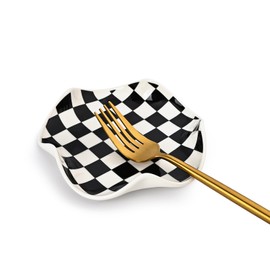 Koythin Spoon Rest for Stove Top, Ceramic Spoon Holder for Kitchen Counter, 5 Inch Spatula Rests for Kitchen Utensils, Cooking Housewarming Wedding (Black and White Checkerboard)