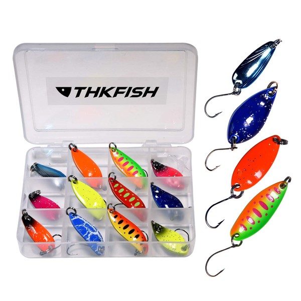 THKFISH 12Pcs/Box Trout Fishing Spoons Set Hard Trout Baits Single Hook Trout Lures Metal Fishing Lures for Char Perch