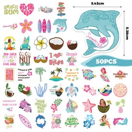 BelleVive 50 Pieces Cute Aesthetic Coconut Girl Stickers Waterproof Water Bottle Coconut Beach Sea Stickers for Laptops Surfboards Summer Stickers for Kids