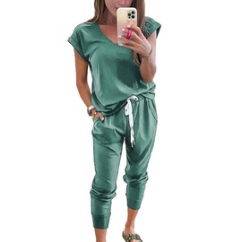PRETTYGARDEN Women's Two Piece Tracksuit V Neck Short Sleeve Tops Long Pants With Drawstring Outfits Jogger Sets(Grey Green,Medium)