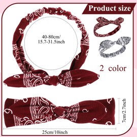 Hicarer 2 Pcs Bandana Headband for Women, Knot Retro Paisley Print Bandana 4th of July Patriotic Headband Adjustable Headwrap(Deep Red, White)