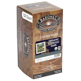Baronet Coffee Organic ESE Espresso Pods - Espresso Dark Roast - 120 Single Serve Espresso Pods - 7.2 Grams - Individually Wrapped for Freshness - Rich, Traditional Flavor