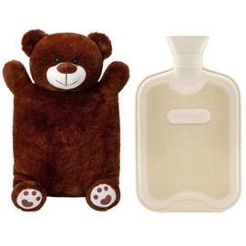 HomeTop Premium Classic Rubber Hot or Cold Water Bottle with Cute Stuffed Animal Cover (2 Liter, Tan)