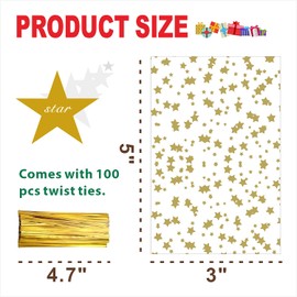 LEOSINDA 100 pcs Clear 3 X 5 Inch Flat Gift Wrap Cellophane Bags Cello Bags Cookie Bags Treat Bags with Twist Ties Poly Bag 1.36 mil for Bakery, Cookie, Candies Gold Star Printed