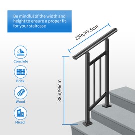 Handrails for Outdoor Steps,Outdoor Stair Railing - Fits 1 to 2 Steps,Easy DIY Installation Kit Included, Black Wrought Iron Hand Rails for Outdoor Steps