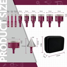 QUEFORET Diamond Drill Bits Set 11pcs - 10pcs 6/8/10/20/25/28/32/35/45/65mm Dry Hole Saw, 1pc 50mm Beveling Chamfer Bit for Ceramic Porcelain Tile Marble Granite
