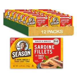 Season Sardines in Tomato Sauce - Skinless & Boneless, Wild Caught, 22g of Protein, Keto Snacks, More Omega 3's Than Tuna, Kosher, High in Calcium, Canned Sardines - 4.37 Oz Tins, 12-Pack