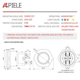 APIELE 10 Amp 22mm Momentary Push Button Switch 12V Angel Eye LED Waterproof Round Self Reset 7/8'' 1NO 1NC (Black Aluminum, Yellow)