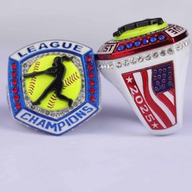 TOPSPORTSJEWELRY 6 pcs Pack 2025 Trophy Softball Awards League White Blue Champions White red Finalist Ring Finger Size 9.5 and Size 11.5 (6 pcs Champions Rings, 11.5)